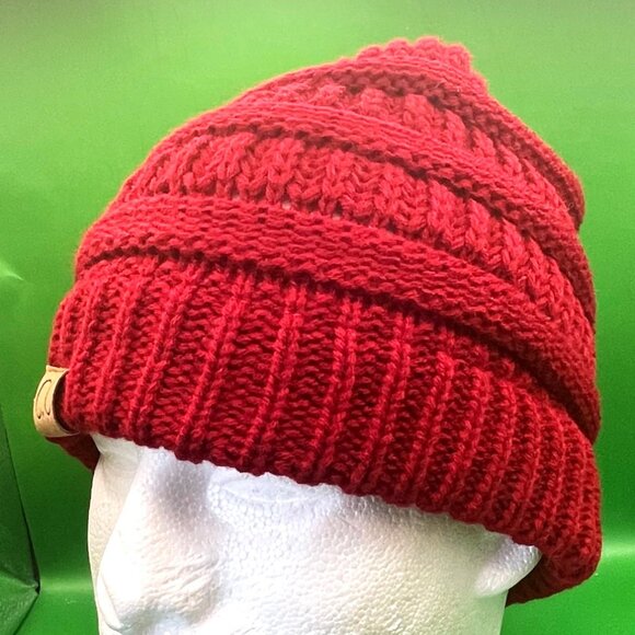 C.C. Exclusives Beanie Red Slouchy Ribbed Acrylic Knit Cuffed Fall Winter Hat - Picture 8 of 8